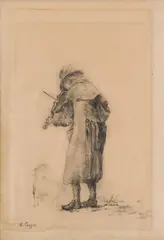 Albin Egger-Lienz, Sketch sheet (street musician playing violin with dog recto; soldier, dog, dead poultry verso), c. 1881, pencil on paper; framed