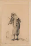 Albin Egger-Lienz, Sketch sheet (street musician playing violin with dog recto; soldier, dog, dead poultry verso)