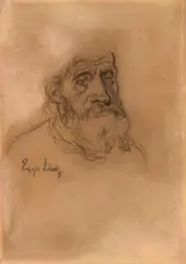 Albin Egger-Lienz, Bauer aus Längenfeld (Study for the centre figure of designs I and II for ‘Totentanz’), c. 1906, black chalk on paper; framed