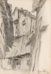 Albin Egger-Lienz, Alte Bauernhäuser, pencil on paper; framed