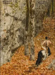 Alexander Rothaug, Hunter in the forest, oil on board; framed