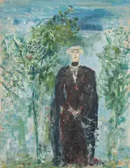 Wilhelm Thöny, Lady in black in the garden, 1936-37, oil on cardboard on hardboard; framed