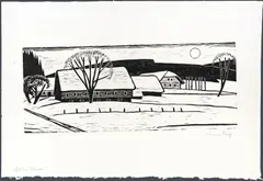 Werner Berg, Hof im Winter, 1967, woodcut on paper; framed