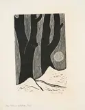 Werner Berg, Zwei Bäume und früher Mond, 1980, woodcut on paper; framed