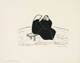 Werner Berg, Zwei sitzende Frauen, 1980, woodcut on paper; framed