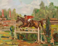 Wilhelm Kaufmann, Riding and jumping tournament in the Prater, c. 1960, oil on hardboard, framed