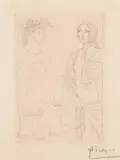 Pablo Picasso, Femme assise au Chapeau et Femme debout drapée" from "La Suite Vollard, 1933, etching on paper Vergé de Montval with watermark "Vollard"; framed