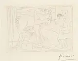 Pablo Picasso, Le Repos du Sculpteur devant un Centaure et une Femme" from "La Suite Vollard, 1933, etching on paper Vergé de Montval with watermark "Vollard"; framed