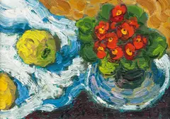 Fruit still life by Karl Stark, 1992, oil on hardboard; framed, sold Dec 2024