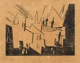 Lyonel Feininger, Harbour (warship in the harbour entrance), 1918, woodcut on paper; framed