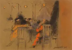 Norbert Drexel, Coffeehouse scene, 1986, pastel on paper; framed