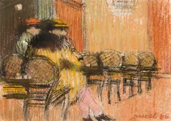 Norbert Drexel, Coffeehouse scene, 1986, pastel on paper; framed