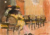 Norbert Drexel, Coffeehouse scene, 1986, pastel on paper; framed