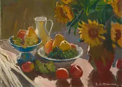 Robin Christian Andersen, Still life with fruit, jug and sunflowers, c. 1928, oil on canvas; framed