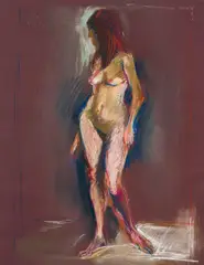 Georg Eisler, Standing nude, 1971, pastel on dark red paper; framed