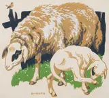 Sheep and lamb by Norbertine Bresslern-Roth, gouache on paper; framed, sold Dec 2024