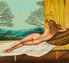 Eduard Klell, Liegende mit Baumgesichtern, 1987, oil on panel; framed