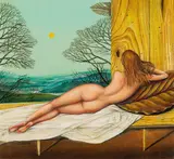 Eduard Klell, Liegende mit Baumgesichtern, 1987, oil on panel; framed
