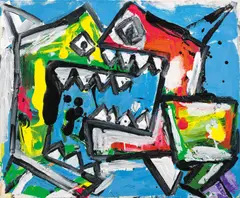 Untitled (from the series "Haifisch") by Otto Muehl, 2008, acrylic on canvas; unframed, sold Dec 2024