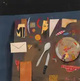Karl Korab, Still life with Spoon and Knife, mixed media, collage on paper; framed