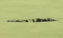 Karl Korab, Village View, 1975, ink on paper; framed