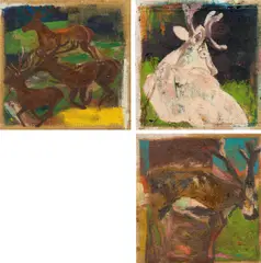 Jenny Feldmann, Mixed lot of 3 paintings: 'Jagdbeute'; 'Waldtiere II'; 'Waldtiere II', oil on jute; unframed