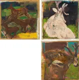Jenny Feldmann, Mixed lot of 3 paintings: 'Jagdbeute'; 'Waldtiere II'; 'Waldtiere II', oil on jute; unframed