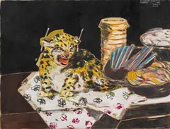 Peter Sengl, Stilleben mit Stabohrring - Tigerbaby, 1982, mixed media on paper; framed