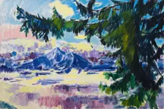 Harald Scheicher, Fichte, Nebelmeer, Obir, 2024, oil on canvas; framed