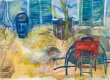 Gerald Brettschuh, Hoflandschaft mit Stühlen, 1995, mixed media on paper; framed