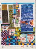 TENNOS FLY WITH HATS by Friedensreich Hundertwasser, 1985, Japanese colour woodcut in 22 colours; framed, sold Dec 2024