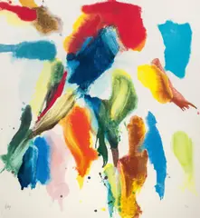 Composition by Wolfgang Hollegha, 2023, water-based pigments, screen print in 118 colours on paper; framed, sold Dec 2024