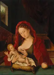 Joos van Cleve, Madonna with child, oil on panel (mounted onto another panel); framed