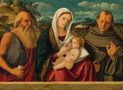Girolamo da Santacroce, Madonna with Saints Jerome and Francis, oil on panel; framed