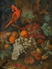 Philipp Ferdinand de Hamilton, Still life with fruit, insects and red cardinal, 1740, oil on canvas; framed