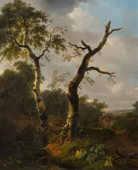 Pierre-Jean Hellemans, Two gnarled birch trees, oil on panel; framed