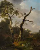 Pierre-Jean Hellemans, Two gnarled birch trees, oil on panel; framed