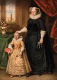 Marcus Gheeraerts the Younger, A lady with a child in an interior (traditionally identified as „Mary Queen of Scots and her son James I.“), oil on copper; framed