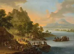 Franz de Paula Ferg, Rock castle in a river valley with colourful hustle and bustle on the banks, oil on canvas; framed