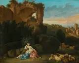 Nymphs and a flock of sheep in a rocky landscape of ruins by genannt Dietricy Christian Wilhelm Ernst Dietrich, oil on canvas; framed, sold Jun 2024