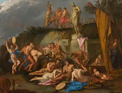 Giulio Carpioni, Bacchanal, oil on canvas; hand carved baroque frame