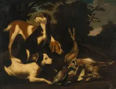 David de Coninck, Hunting dogs with their prey in a landscape, oil on canvas; framed