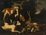 David de Coninck, Hunting dogs with their prey in a landscape, oil on canvas; framed