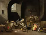 David Teniers the Younger, Monkeys playing cards and drinking, oil on canvas; framed
