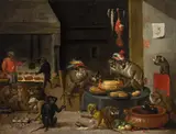 David Teniers the Younger, The Monkeys’ Banquet, oil on canvas; framed