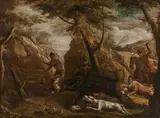 Boar hunt in rocky landscape by called Il Pietruccio Pietro Montanini, oil on canvas; framed, sold Jun 2024