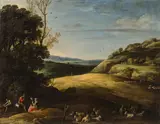 Cornelisz van Poelenburg, Landscape with shepherds, oil on canvas; framed