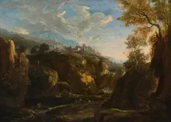 Anton Faistenberger, Southern landscape with waterfall, oil on panel; framed
