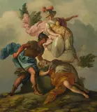 Antonio Zucchi, Perseus defeats Medusa with the help of Athena, oil on panel; parqueted; framed