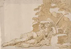 Joachim Wtewael, Resting shepherd, pen and brown ink on paper; framed